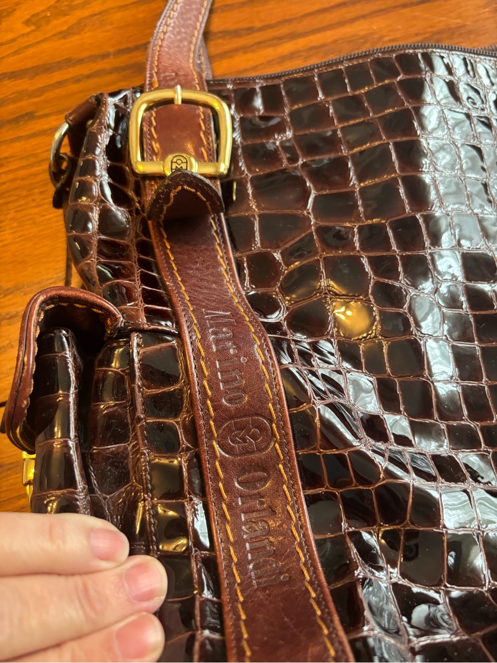 Marino orlandi handbag purse tote crocodile embossed brown patent leather gold - Picture 8 of 14
